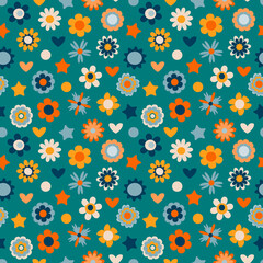 Cute floral design for kids, vector. Colorful seamless pattern with flowers, hearts, stars