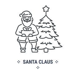 Vector graphic illustration on a white background. Concept icon in line design. Santa Claus and Christmas tree. Symbol, sign, logo, emblem.