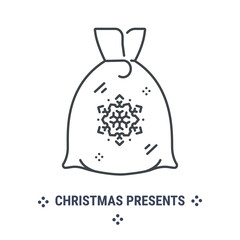 Vector graphic illustration on a white background. Concept icon in line design. Santa Claus sack. Symbol, sign, logo, emblem.