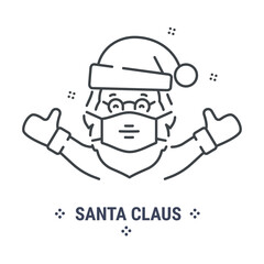 Vector graphic illustration on a white background. Concept icon in line design. Santa Claus in a medical mask. Symbol, sign, logo, emblem.