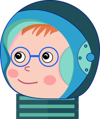 A child in an astronaut's spacesuit with a smile and blush and glasses.
