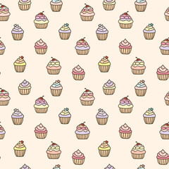 Vector cupcakes, muffin seamless pattern background with pastel colors.