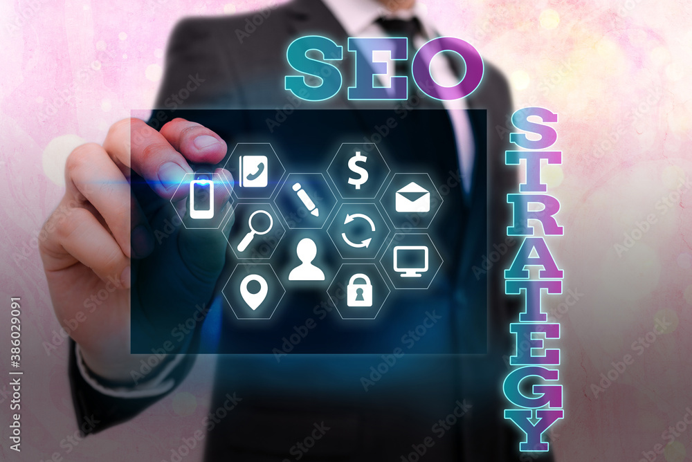 Poster writing note showing seo strategy. business concept for techniques and tactics to increase the visit