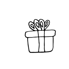 Gift box for a present tied with a ribbon. Black lines on a white background. Hand drawing. Vector.