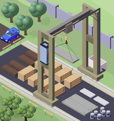 Warehouse with gantry crane. Building materials in stock.