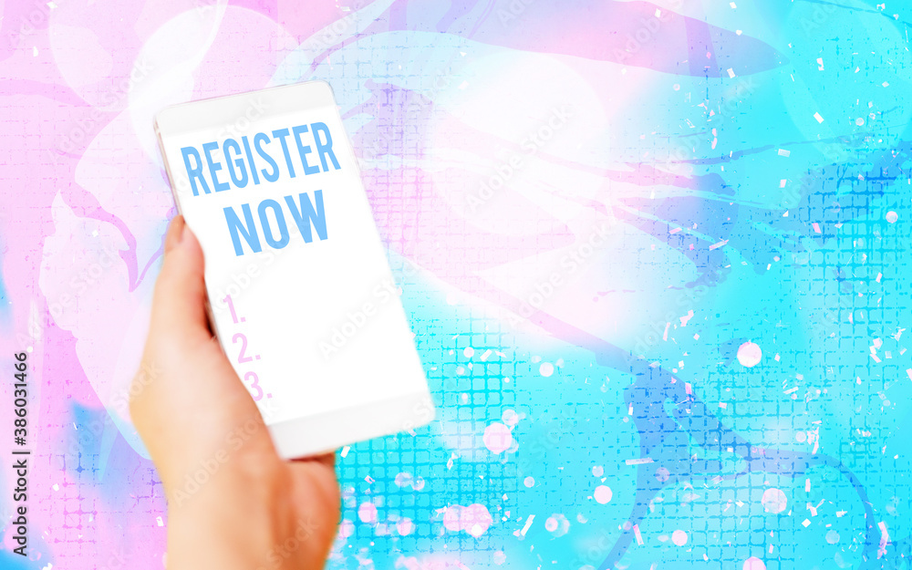 Poster word writing text register now. business photo showcasing name in an official list enlist to be a me