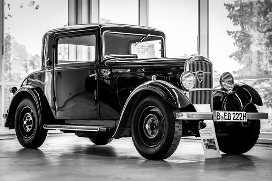 PAAREN IM GLIEN, GERMANY - OCTOBER 03, 2020: Vintage car Peugeot 201 BC, 1933. Black and white. Die Oldtimer Show 2020.