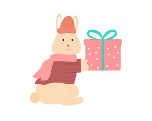 Rabbit holds gift on white background, vector chart