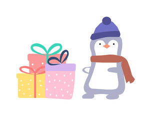The penguin gives gifts, the vector graphics