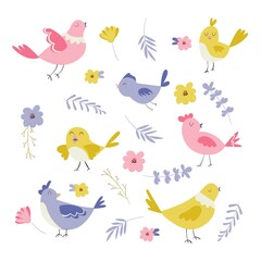 Collection of cute birds and floral elements.
