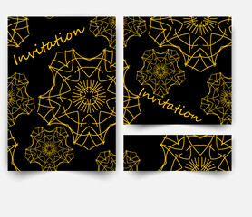 Black and Gold Banners Set, Greeting Card Design. Golden Brush Strokes. Painted Poster Invitation Template.