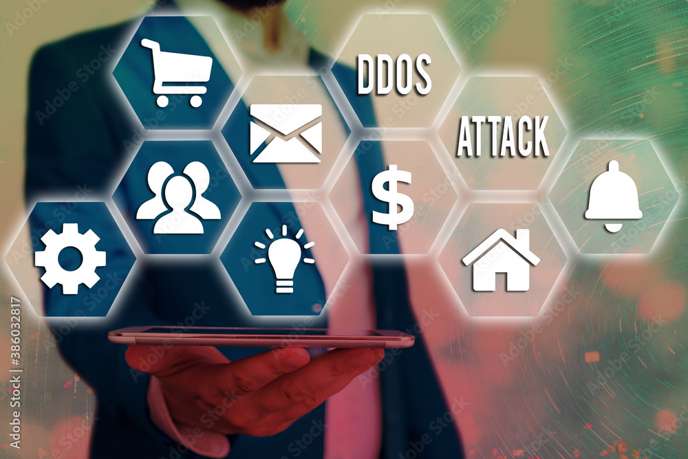 Poster word writing text ddos attack. business photo showcasing perpetrator seeks to make network resource 
