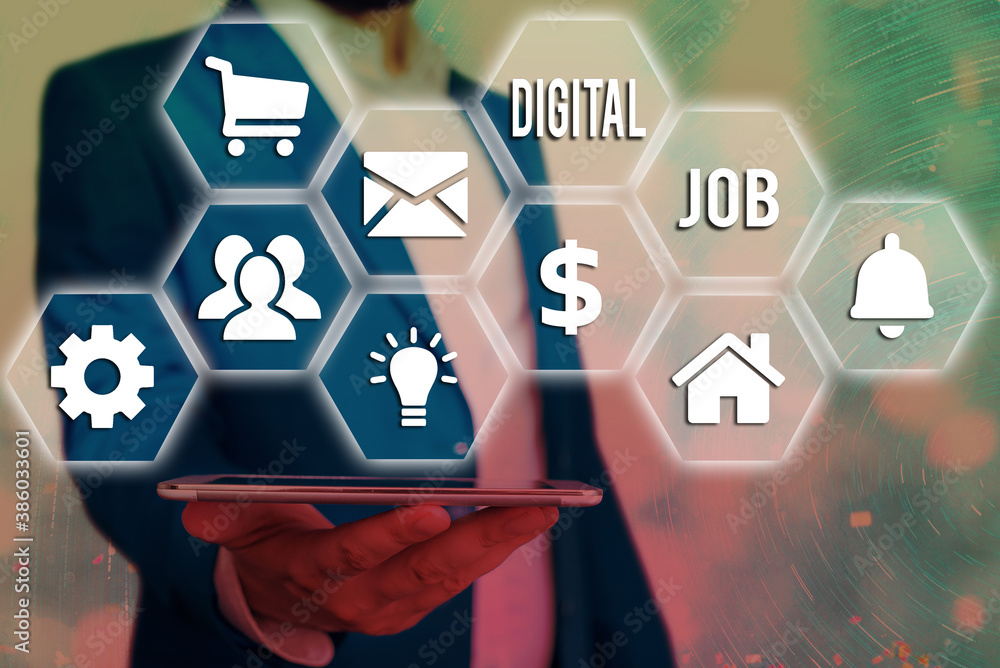 Poster word writing text digital job. business photo showcasing get paid task done through internet and an 