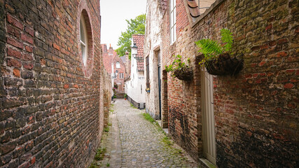Empty Narrow Medieval Street Between Brick Houses In Bruges, Belgium