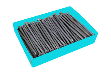 Steel construction nails in a cardboard box isolated on a white background