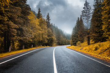 Road in autumn foggy forest in rainy day. Beautiful mountain roadway, trees with orange foliage in...