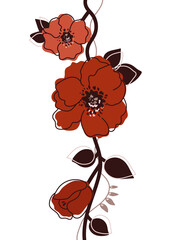 vector illustration. ornament branch with flowers, red roses
