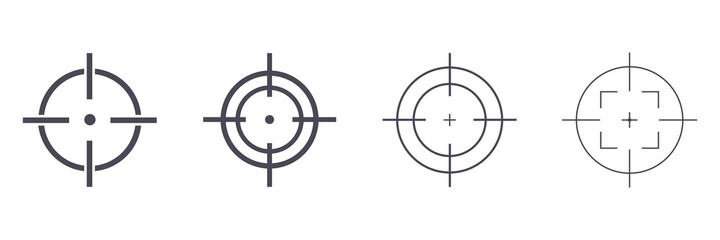 Target destination icon set. Aim sniper shoot group. Focus cursor bull eye mark collection. Vector isolated on white - obrazy, fototapety, plakaty