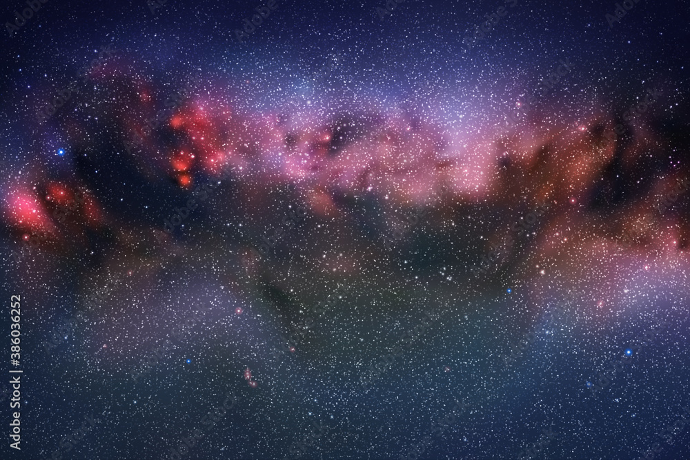 Sticker space background with night starry sky and milky way. red blue nebula