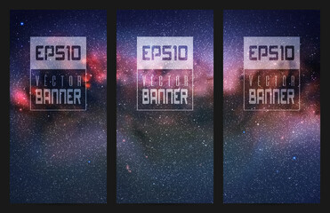Set of vertical banners with night starry sky and Milky Way. Red and blue nebula. Space vector background with our galaxy in cosmos. Dark backdrop with fragment of universe for website, design
