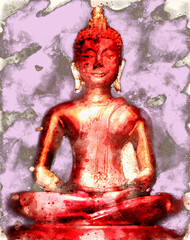 red buddha with purple background in watercolors