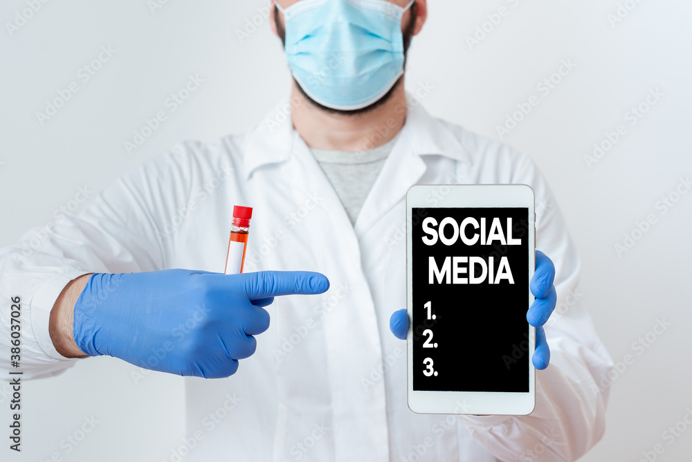 Poster writing note showing social media. business concept for online communication channel networking micr