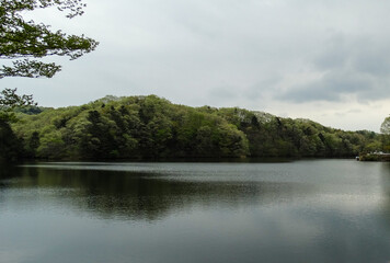 Fototapeta na wymiar Quiet and beautiful Tsukiyama Pond with cloudy weather in Ayashi, Sendai city, Japan