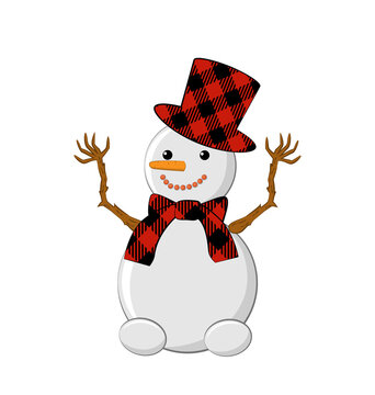 Snowman With A Buffalo Plaid Hat And A Buffalo Plaid Scarf