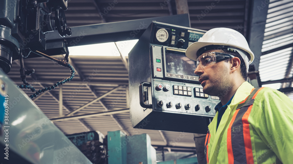 Poster smart factory worker using machine in factory workshop . industry and engineering concept.