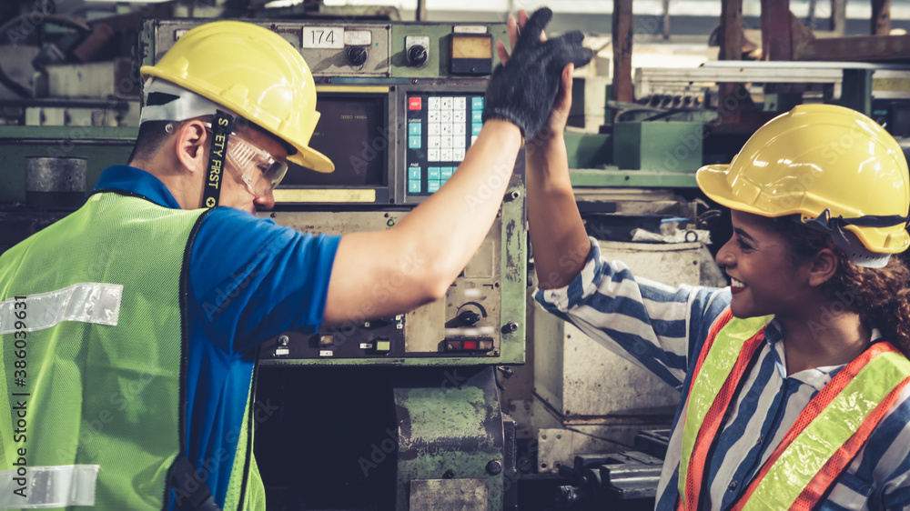 Poster group of factory workers using machine equipment in factory workshop . industry and engineering conc