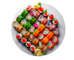 set of sushi roll with salmon, avocado, cream cheese, cucumber, rice, caviar, eel, tuna in plate isolated on white background