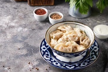 Traditional azian Manti, dumplings with minced meat Close up