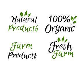 Vector farm logo templates set. Hand drawn calligraphy. Lettering for business branding and identity, for farmers markets, berry farms and grocery. Farm and organic food.