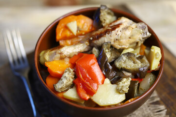Vegetable ragout with chicken in a bowl. Healthy lunch or dinner.