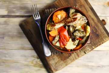 Vegetable ragout with chicken in a bowl. Healthy lunch or dinner.