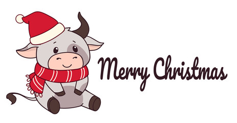 Fototapeta na wymiar Cute ox sitting wearing scarf and hat. Christmas hand drawn vector illustration for greeting card.