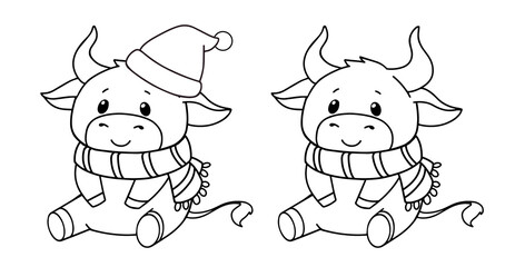 Obraz na płótnie Canvas Set of two sitting cows. Christmas contour vector illustration for children coloring book.