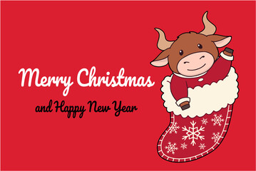 Cute ox sitting in the sock. Christmas hand drawn vector illustration for greeting card.