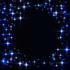 Dark template with border made from ice shinning stars. Black background with laser neon blue stars.