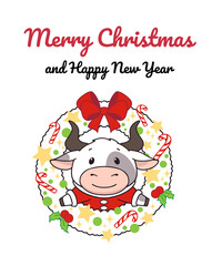 Christmas wreath with cute ox. Hand drawn vector illustration for greeting card.