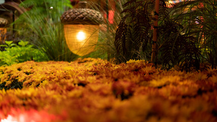 Beautiful lantern with bright orange fall flowers