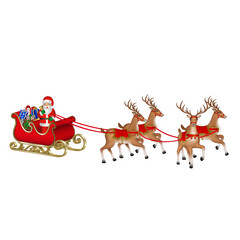 Christmas sleigh with santa claus, reindeers and gift boxes