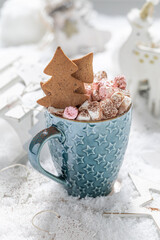 Hot chocolate for Christmas with marshmallows and gingerbread