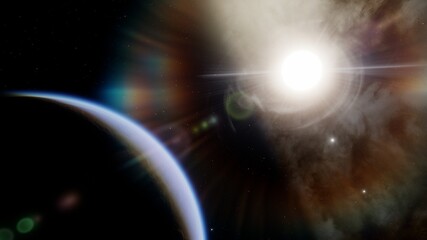 beautiful alien planet in far space, space background, planet similar to Earth, detailed planet surface 3d render