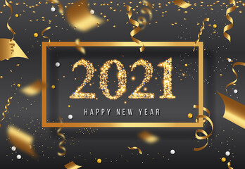 2021 New Year. 2021 Happy New Year greeting card. 2021 Happy New Year background. 2021 Happy New Year background with gold glitter champagne bottle.