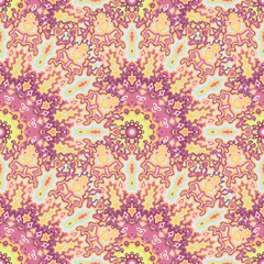 Chakra floral seamless ornament. Oriental folk vector composition. Ornate bohemian mandala geometric seamless pattern. Interior decoration print.