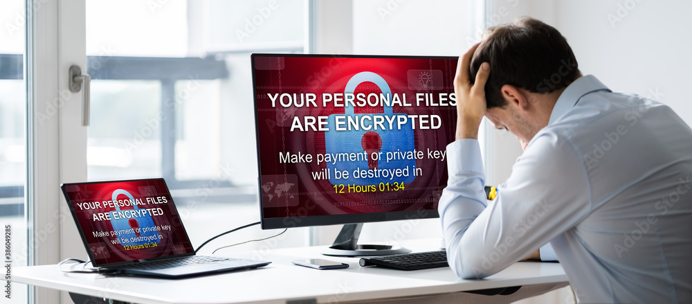 Poster ransomware malware attack. business computer hacked