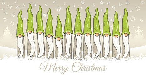 Green Christmas Card with gnome  in a row with green hats, green chillies, hand drawing, 