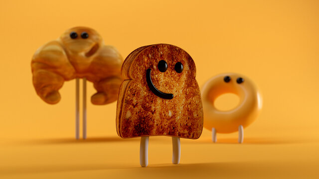 Breakfast Crew. 3d illustration. A donut a toast and a strong croissant.