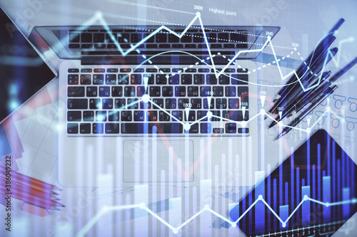 Fototapete Multi Exposure Of Forex Chart Drawing Over Table Background With Computer Concept Of Financial Research And Analysis Top View Peshkova